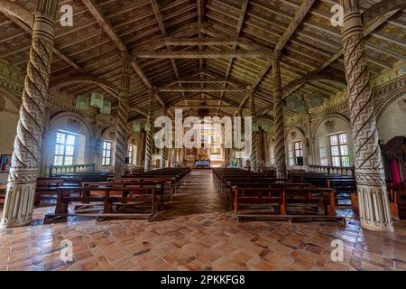 Colourful painted San Javier Mission, Jesuit Missions of Chiquitos, UNESCO World Heritage Site, Santa Cruz department, Bolivia, South America Stock Photo