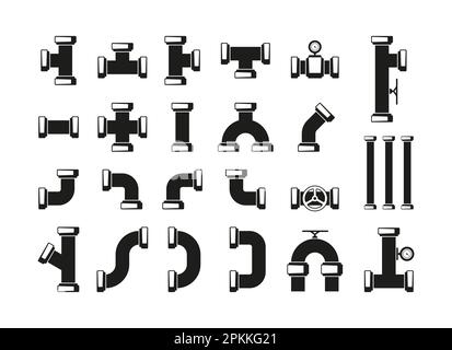 Silhouette pipeline elements. Black plumbing pipe parts, water tube faucet system valve constructions, industrial sewage connectors. Vector collection. Fixing installation, engineering Stock Vector