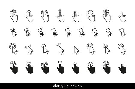 Black cursor icons. Interface mouse click pointers flat style, simple finger pointers computer arrow silhouettes swipe touch web buttons. Vector isolated set. Connection or loading animation Stock Vector