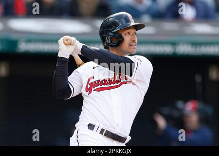 Cleveland, United States. 13th May, 2023. CLEVELAND, OH - Cleveland  Guardians left fielder Steven Kwan (38) bats during a Major League Baseball  game against the Los Angeles Angels on May 13, 2023