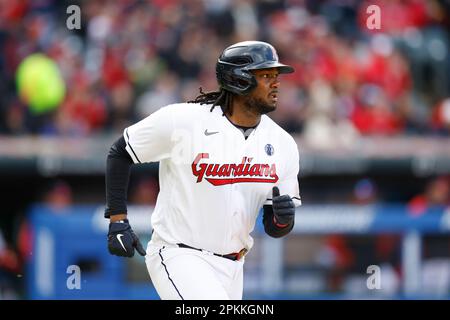 Cleveland Guardians' Josh Bell bats against the Seattle Mariners during the  first inning of a baseball game, Friday, April 7, 2023, in Cleveland. (AP  Photo/Ron Schwane Stock Photo - Alamy