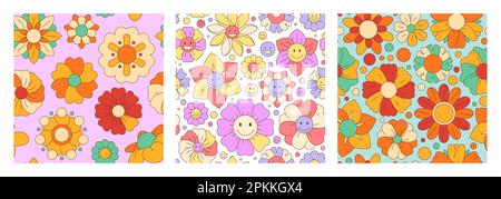 Groovy flowers pattern. Psychedelic abstract floral wallpaper print for spring summer hippie decor, cheerful flower hippie graphic. Vector floral design. Pastel and bright natural elements Stock Vector
