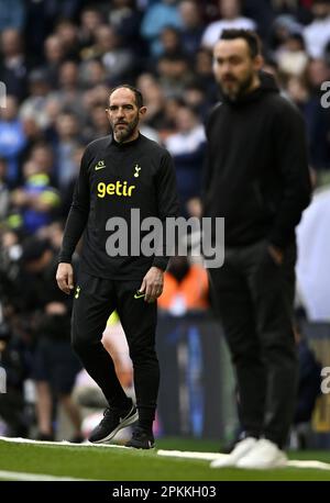 London, UK. 8th Apr, 2023. Cristian Stellini (Tottenham acting head coach) and Roberto De Zerbi (Brighton manager, right) during the Tottenham V Brighton Premier League match at the Tottenham Hotspur Stadium. Credit: MARTIN DALTON/Alamy Live News Stock Photo