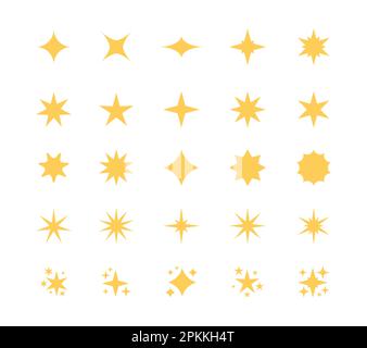 Stars and sparkles icons. Glitter party decoration elements, shiny dust burst and cosmic decorative symbols. Vector isolated set. Magic glowing and shining lights, festive sparking objects Stock Vector