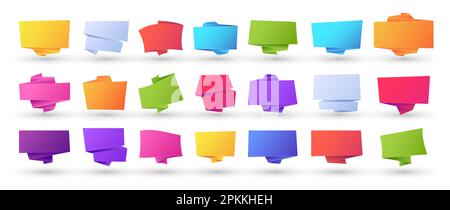 Origami banners. Abstract geometric decorative paper ribbons, bubble and mesh signs, sale layout design templates. Vector colorful set. Isolated bright rectangular shapes for memos Stock Vector