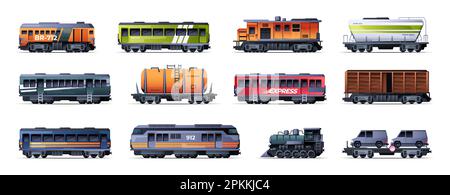 Cargo wagons. Cartoon transport wagon with cargo and containers, flat transport industrial van with cargo and goods. Vector isolated set. Passenger and fright vehicles for shipment Stock Vector