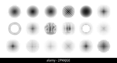 Halftone circles. Retro geometric circles with polka dots and tone gradient, black and white round shapes for print design. Vector set. Fading dark spheres isolated on white, art collection Stock Vector