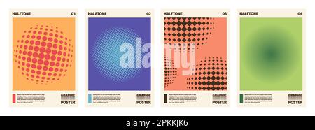 Halftone posters. Colorful geometric pattern with circles and dots for cover page design, modern minimal print flyer layout template. Vector isolated set. Graphic art elements with dotted round shapes Stock Vector