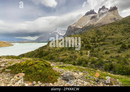 Lake Nordenskjold and peaks of Los Cuernos, Torres del Paine National Park, Patagonia, Chile, South America Stock Photo