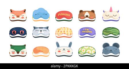 Cartoon sleeping masks. Cute face blindfold mockups, tired sleepy animal face protection, night spa accessories. Vector isolated set. Bedtime nightwear collection with bear, cat, owl and fox Stock Vector