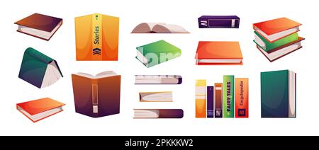 Books collection. Pile of college textbooks, paper book with cover, study reading education concept. Vector different colorful books illustration. Literature as stories, fairy tales and encyclopedia Stock Vector