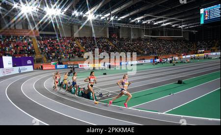 Keely Hodgkinson of Great Britain & NI competing in the women’s 800m semi final at the European Indoor Athletics Championships at Ataköy Athletics Are Stock Photo