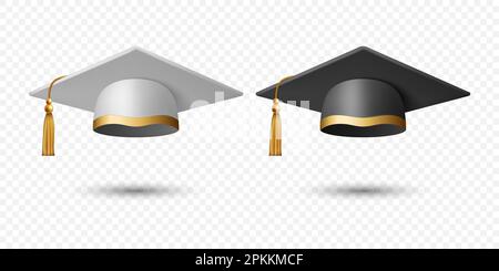 Vector 3d Realistic White and Black Graduate College, High School, University Cap Icon Set Closeup Isolated. Vector Degree Ceremony Hat. Educational Stock Vector