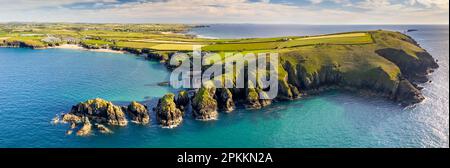 Aerial vista of Trevose Head, Padstow Lifeboat Station and Mother Iveys Bay, North Cornwall, England, United Kingdom, Europe Stock Photo