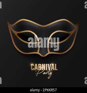 Vector 3d Realistic Black and Golden Carnival Face Mask on Black Background. Mask for Party, Masquerade Closeup. Design Template of Mask. Carnival Stock Vector