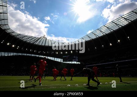 London, UK. 8th Apr, 2023. Brighton and Hove Albion players warm up before the Premier League match at the Tottenham Hotspur Stadium, London. Picture credit should read: Kieran Cleeves/Sportimage Credit: Sportimage/Alamy Live News Stock Photo