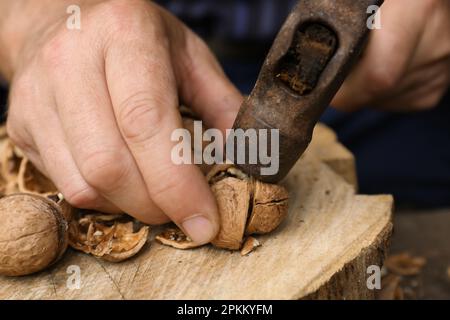 Man cracking walnuts with hammer at table, closeup Stock Photo