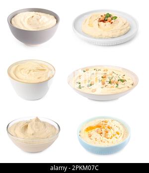 Healthy Creamy Hummus set, on white ceramic squared tile table ...