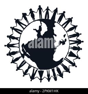 Black silhouettes. large group of people. Men and women are holding hands, stand around the world map. Multicultural group of people. vector Stock Vector