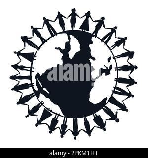 Black silhouettes. Women are holding hands, stand around the world map.  International Women's Day or Earth day concept. Multicultural group of people Stock Vector