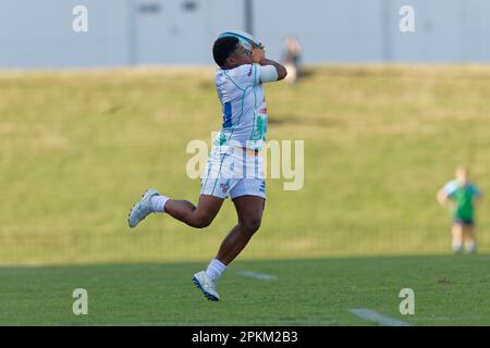 Vitalina Naikore of Fijiana Drua catches the ball during the Buildcorp Super W match between the Waratahs and the Drua at Concord Oval on April 8, 2023 in Sydney, Australia Stock Photo