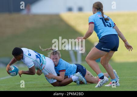 Vitalina Naikore of Fijiana Drua is tackled during the Buildcorp Super W match between the Waratahs and the Drua at Concord Oval on April 8, 2023 in Sydney, Australia Stock Photo