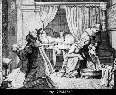Luthers Geburt, Luther´s birth, 11 pm, November 10, 1483, historical illustration 1851 Stock Photo