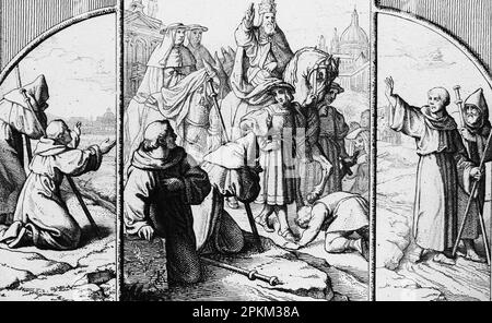 Different stations of Martin Luther traveling to Rome,in 1510, meeting the Pope on horse,  historical illustration 1851 Stock Photo