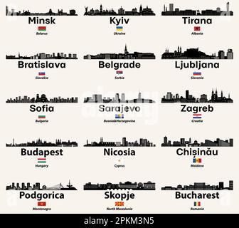 Eastern and Southern Europe cities silhouettes skylines vector set Stock Vector