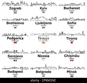 Eastern and Southern Europe cities outline skylines Stock Vector