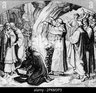 Martin Luther burning the papal bull of excommunication publicly in Wittenberg in 1520, historical illustration 1851 Stock Photo
