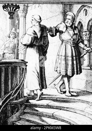 The Diet of Worms, before meeting the EmperorMartin Luther meets the Knight Georg von Frundsberg, who encourages him, historical illustration 1851 Stock Photo