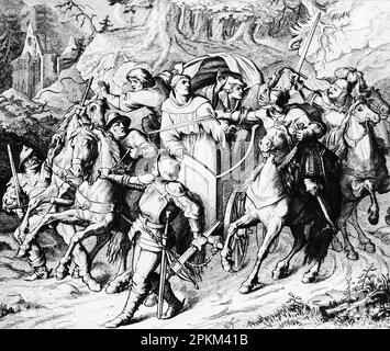Martin Luther kidnapped in a ravine on his way back near Castle Altenstein in 1521, historical illustration 1851 Stock Photo