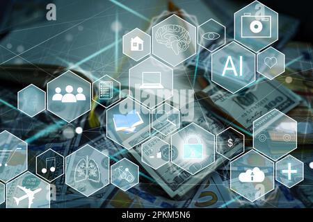 Artificial Intelligence AI, Internet of Things IoT. Business man using laptop computer on technology background, big data, deep learning, smart phone Stock Photo
