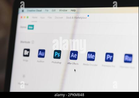 New york, USA - April 7, 2023: Adobe creative cloud application set on computer screen close up view Stock Photo