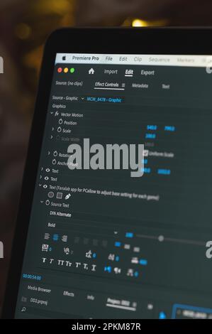 New york, USA - April 7, 2023: Adobe Premiere Pro app menu with tool  on computer screen close up view Stock Photo