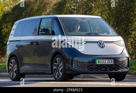 2023 electric VOLKSWAGEN ID BUZZ STYLE  camper van  travelling on an English country road Stock Photo