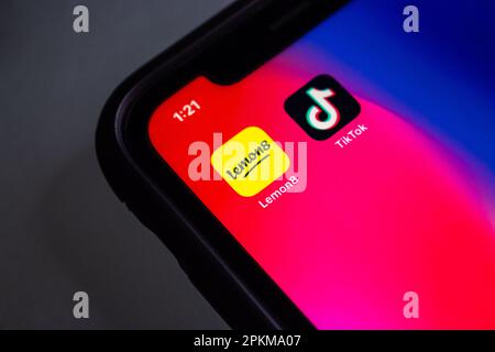 Lemon8 and TikTok icons seen in an iPhone screen. Lemon8 is a video and photo-sharing social media app by TikTok owner company ByteDance. Stock Photo