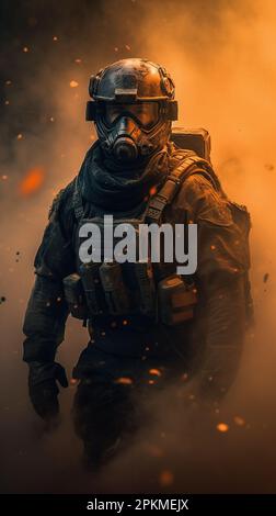 Modern Ukrainian soldier wearing gas mask during the military operation. Smoke from explosion and destroyed battlefield behind. Stock Photo