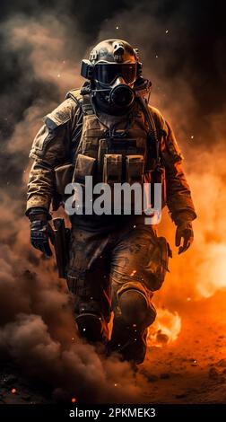 Modern Ukrainian soldier wearing gas mask during the military operation. Smoke from explosion and destroyed battlefield behind. Stock Photo