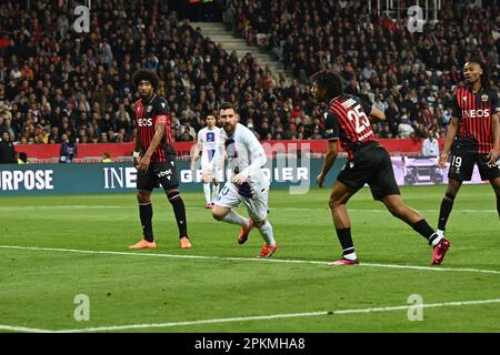 Nice, France. 08th Apr, 2023. lionel messi (psg) celebrates the 0-1 during OGC Nice vs Paris Saint Germain (PSG), French football Ligue 1 match in Nice, France, April 08 2023 Credit: Independent Photo Agency/Alamy Live News Stock Photo