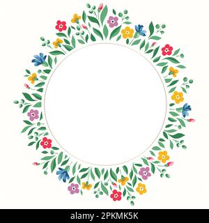 Bright Chintz Romantic Meadow Wildflowers Vector Round Frame Stock Vector