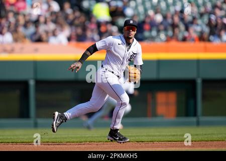 DETROIT, MI - APRIL 24: Detroit Tigers shortstop Javier Baez at bat during  the game between Colorado Rockies and Detroit Tigers on April 24, 2022 at  Comerica Park in Detroit, MI (Photo