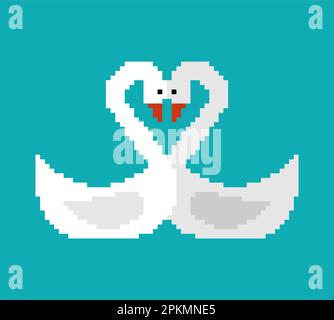 Two swans pixel art symbol of love. 8 bit Vector illustration Stock Vector
