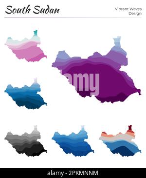 Set of vector maps of South Sudan. Vibrant waves design. Bright map of country in geometric smooth curves style. Stock Vector