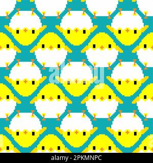 Chicken pixel art pattern seamless. 8 bit Little chicken pixelated background. Baby fabric texture Stock Vector