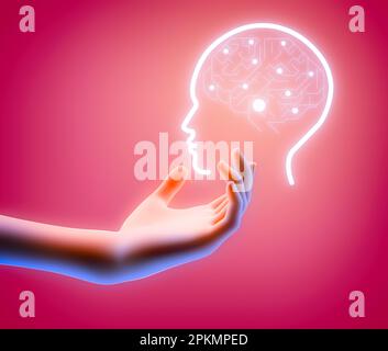 Hand with stylized head in profile and brain. Creation of artificial intelligence. Control of mental faculties. Robotic and cyborg programming. 3d Stock Photo