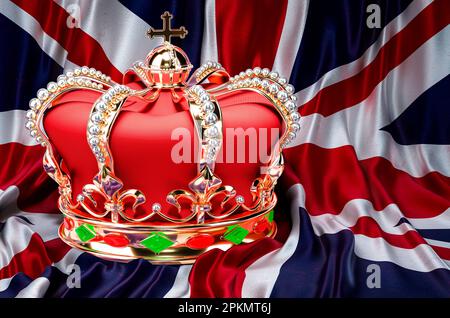 Royal golden crown with jewels on the United Kingdom flag background, 3D rendering Stock Photo