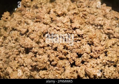 ground beef being fried in frying pan with steam and grease Stock Photo