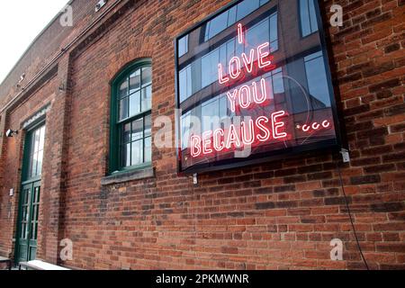 Neon sign on a brick wall. Love concept. Stock Photo